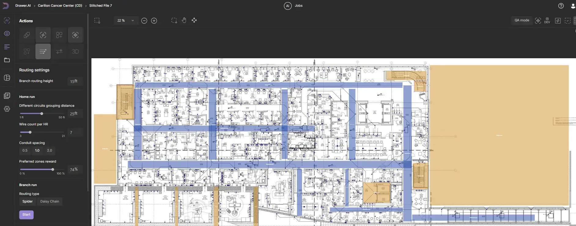 Setting up Preferred Zones and No-Fly Zones for branch routing Setting initial parameters (70% Preferred Zone Reward and 25ft grouping distance). Drawer AI