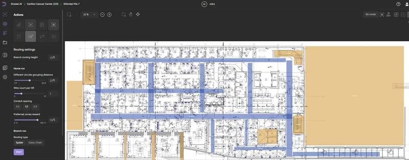 Setting up Preferred Zones and No-Fly Zones for branch routing Setting initial parameters (70% Preferred Zone Reward and 25ft grouping distance). Drawer AI