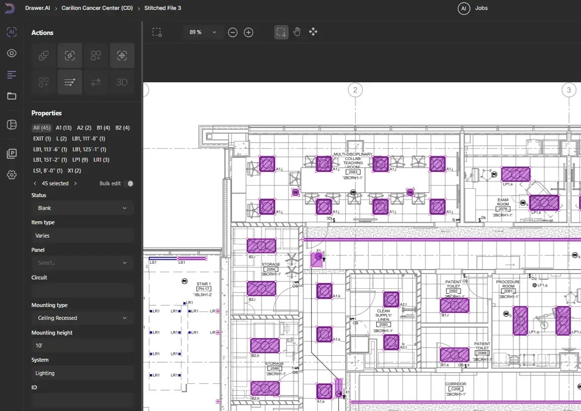 • Selective Verification: Items were selected directly on the floor plan, highlighting fixtures by type for QA classification. Drawer AI