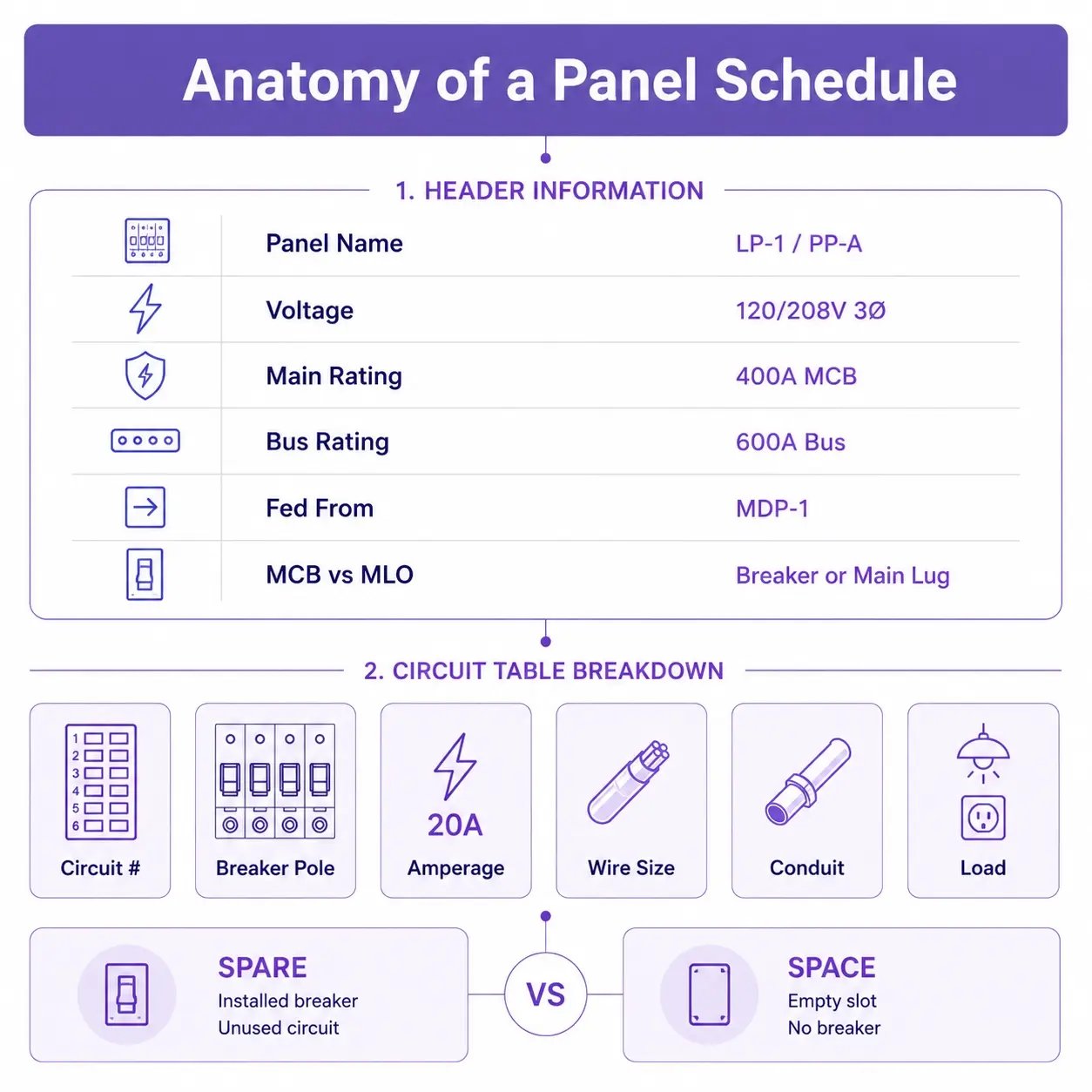 Anatomy of an electrical panel schedule with header and circuit table breakdown