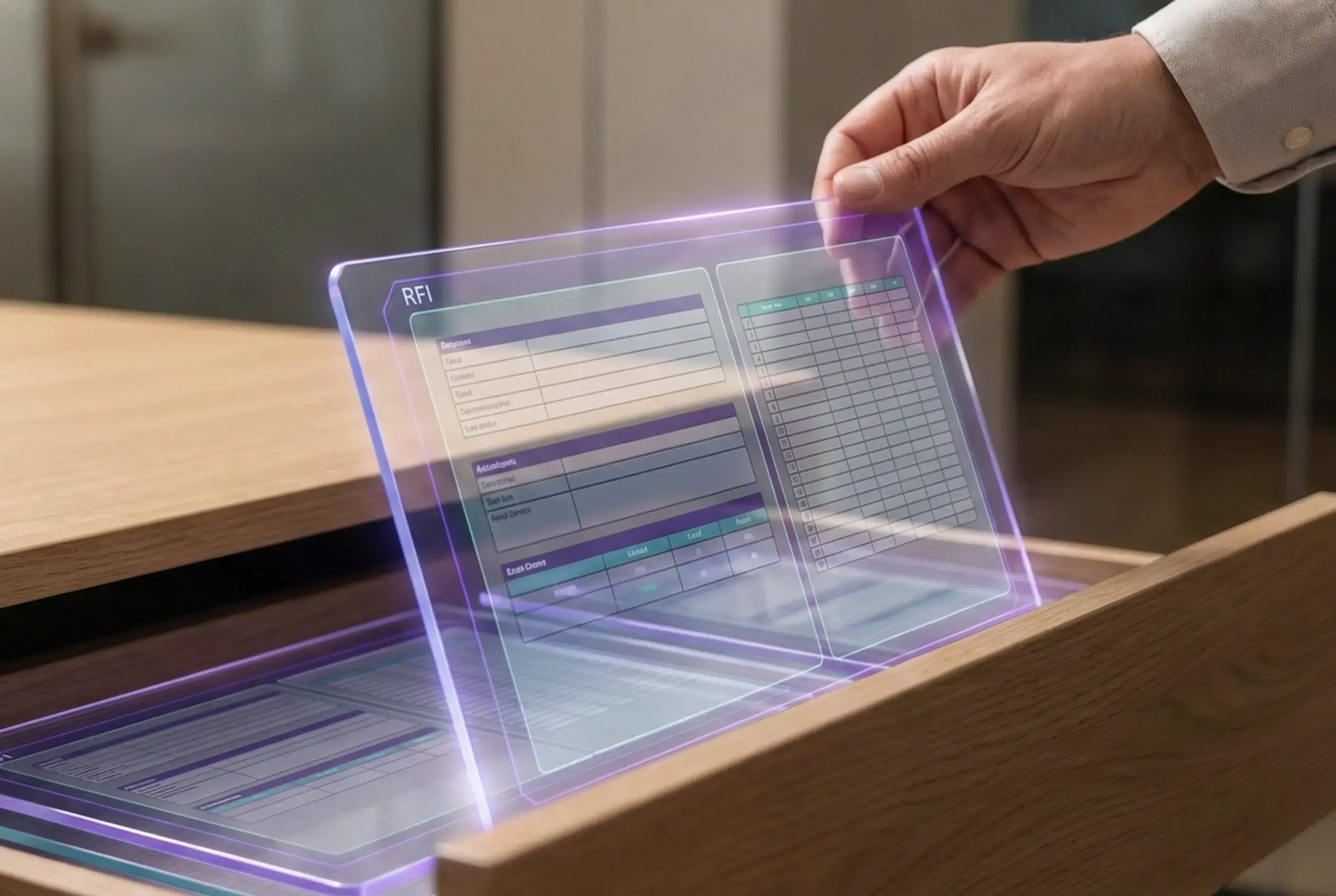 Holographic RFI form representing AI workflow automation - Drawer AI